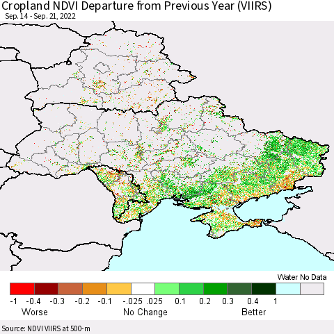 Ukraine, Moldova and Belarus Cropland NDVI Departure from Previous Year (VIIRS) Thematic Map For 9/14/2022 - 9/21/2022