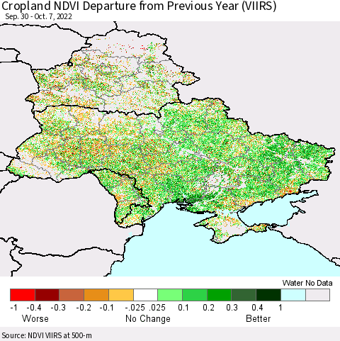 Ukraine, Moldova and Belarus Cropland NDVI Departure from Previous Year (VIIRS) Thematic Map For 9/30/2022 - 10/7/2022