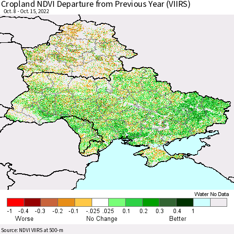 Ukraine, Moldova and Belarus Cropland NDVI Departure from Previous Year (VIIRS) Thematic Map For 10/8/2022 - 10/15/2022