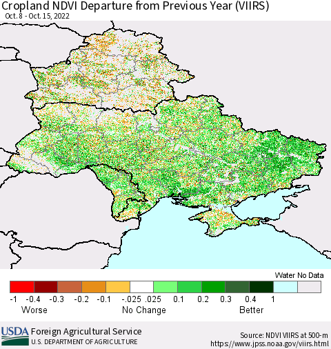 Ukraine, Moldova and Belarus Cropland NDVI Departure from Previous Year (VIIRS) Thematic Map For 10/11/2022 - 10/20/2022