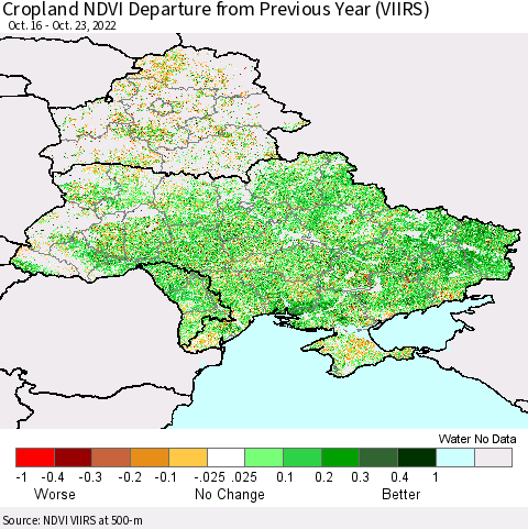 Ukraine, Moldova and Belarus Cropland NDVI Departure from Previous Year (VIIRS) Thematic Map For 10/16/2022 - 10/23/2022