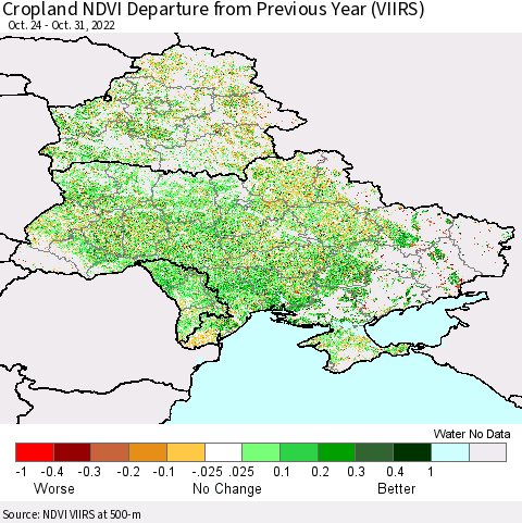 Ukraine, Moldova and Belarus Cropland NDVI Departure from Previous Year (VIIRS) Thematic Map For 10/24/2022 - 10/31/2022