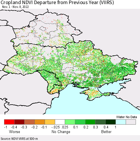Ukraine, Moldova and Belarus Cropland NDVI Departure from Previous Year (VIIRS) Thematic Map For 11/1/2022 - 11/8/2022