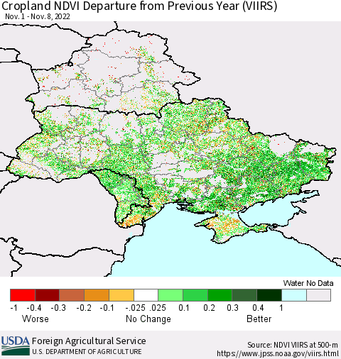 Ukraine, Moldova and Belarus Cropland NDVI Departure from Previous Year (VIIRS) Thematic Map For 11/1/2022 - 11/10/2022