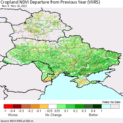 Ukraine, Moldova and Belarus Cropland NDVI Departure from Previous Year (VIIRS) Thematic Map For 11/9/2022 - 11/16/2022