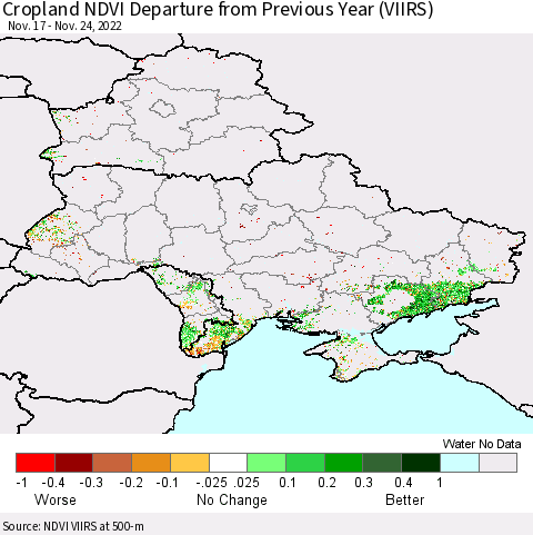 Ukraine, Moldova and Belarus Cropland NDVI Departure from Previous Year (VIIRS) Thematic Map For 11/17/2022 - 11/24/2022