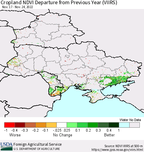 Ukraine, Moldova and Belarus Cropland NDVI Departure from Previous Year (VIIRS) Thematic Map For 11/21/2022 - 11/30/2022