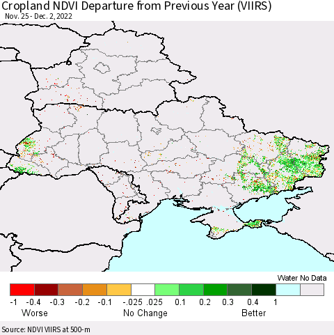 Ukraine, Moldova and Belarus Cropland NDVI Departure from Previous Year (VIIRS) Thematic Map For 11/25/2022 - 12/2/2022
