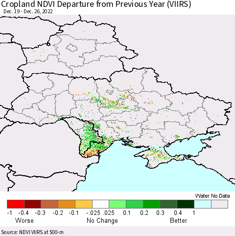 Ukraine, Moldova and Belarus Cropland NDVI Departure from Previous Year (VIIRS) Thematic Map For 12/19/2022 - 12/26/2022
