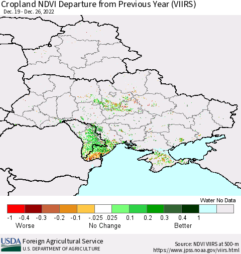 Ukraine, Moldova and Belarus Cropland NDVI Departure from Previous Year (VIIRS) Thematic Map For 12/21/2022 - 12/31/2022