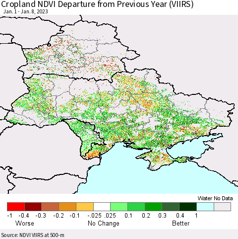 Ukraine, Moldova and Belarus Cropland NDVI Departure from Previous Year (VIIRS) Thematic Map For 1/1/2023 - 1/8/2023