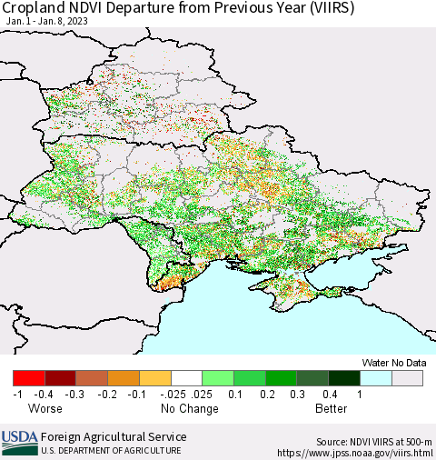 Ukraine, Moldova and Belarus Cropland NDVI Departure from Previous Year (VIIRS) Thematic Map For 1/1/2023 - 1/10/2023