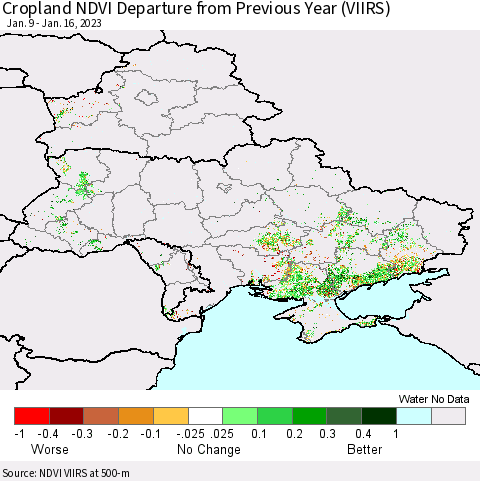 Ukraine, Moldova and Belarus Cropland NDVI Departure from Previous Year (VIIRS) Thematic Map For 1/9/2023 - 1/16/2023