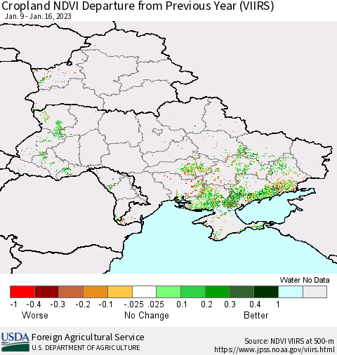 Ukraine, Moldova and Belarus Cropland NDVI Departure from Previous Year (VIIRS) Thematic Map For 1/11/2023 - 1/20/2023