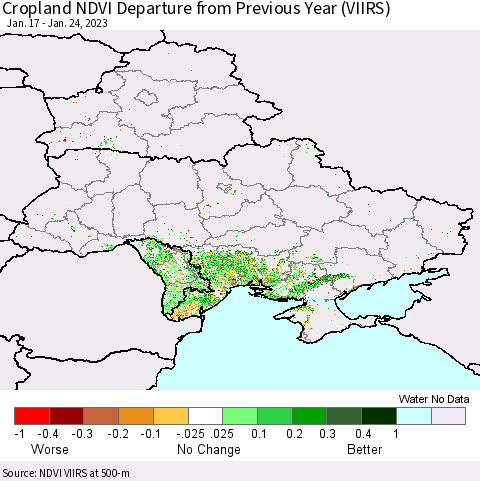 Ukraine, Moldova and Belarus Cropland NDVI Departure from Previous Year (VIIRS) Thematic Map For 1/17/2023 - 1/24/2023