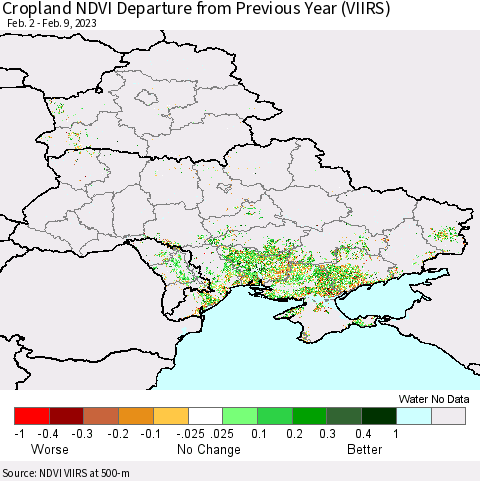 Ukraine, Moldova and Belarus Cropland NDVI Departure from Previous Year (VIIRS) Thematic Map For 2/2/2023 - 2/9/2023