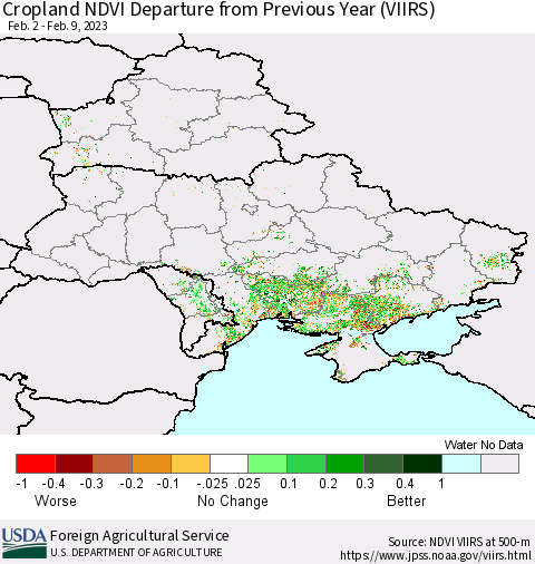 Ukraine, Moldova and Belarus Cropland NDVI Departure from Previous Year (VIIRS) Thematic Map For 2/1/2023 - 2/10/2023