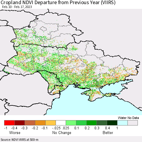 Ukraine, Moldova and Belarus Cropland NDVI Departure from Previous Year (VIIRS) Thematic Map For 2/10/2023 - 2/17/2023