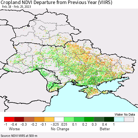 Ukraine, Moldova and Belarus Cropland NDVI Departure from Previous Year (VIIRS) Thematic Map For 2/18/2023 - 2/25/2023