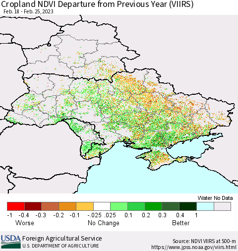Ukraine, Moldova and Belarus Cropland NDVI Departure from Previous Year (VIIRS) Thematic Map For 2/21/2023 - 2/28/2023