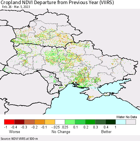 Ukraine, Moldova and Belarus Cropland NDVI Departure from Previous Year (VIIRS) Thematic Map For 2/26/2023 - 3/5/2023