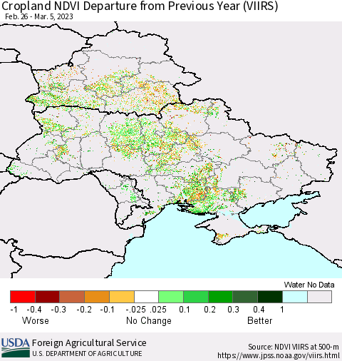 Ukraine, Moldova and Belarus Cropland NDVI Departure from Previous Year (VIIRS) Thematic Map For 3/1/2023 - 3/10/2023