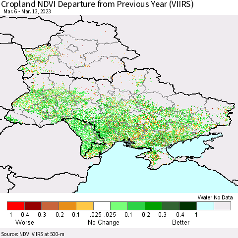 Ukraine, Moldova and Belarus Cropland NDVI Departure from Previous Year (VIIRS) Thematic Map For 3/6/2023 - 3/13/2023