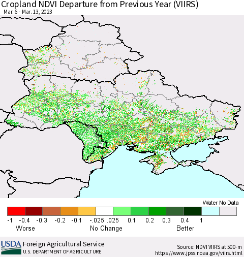 Ukraine, Moldova and Belarus Cropland NDVI Departure from Previous Year (VIIRS) Thematic Map For 3/11/2023 - 3/20/2023