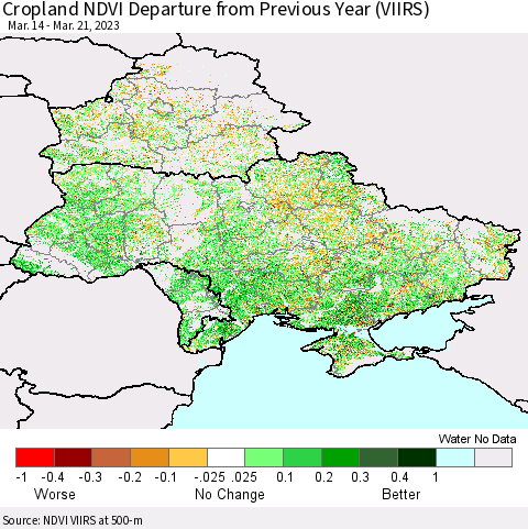 Ukraine, Moldova and Belarus Cropland NDVI Departure from Previous Year (VIIRS) Thematic Map For 3/14/2023 - 3/21/2023