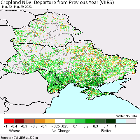 Ukraine, Moldova and Belarus Cropland NDVI Departure from Previous Year (VIIRS) Thematic Map For 3/22/2023 - 3/29/2023