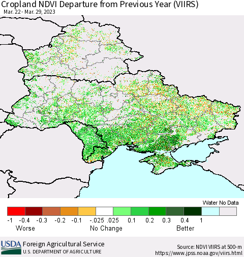 Ukraine, Moldova and Belarus Cropland NDVI Departure from Previous Year (VIIRS) Thematic Map For 3/21/2023 - 3/31/2023