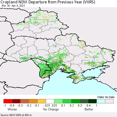 Ukraine, Moldova and Belarus Cropland NDVI Departure from Previous Year (VIIRS) Thematic Map For 3/30/2023 - 4/6/2023