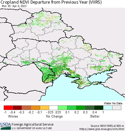 Ukraine, Moldova and Belarus Cropland NDVI Departure from Previous Year (VIIRS) Thematic Map For 4/1/2023 - 4/10/2023