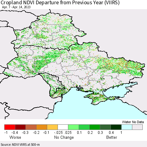 Ukraine, Moldova and Belarus Cropland NDVI Departure from Previous Year (VIIRS) Thematic Map For 4/7/2023 - 4/14/2023