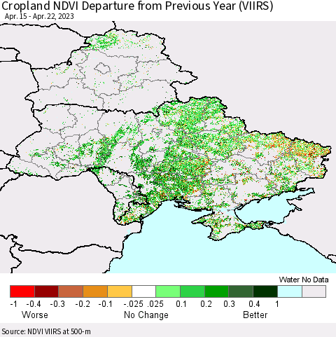 Ukraine, Moldova and Belarus Cropland NDVI Departure from Previous Year (VIIRS) Thematic Map For 4/15/2023 - 4/22/2023