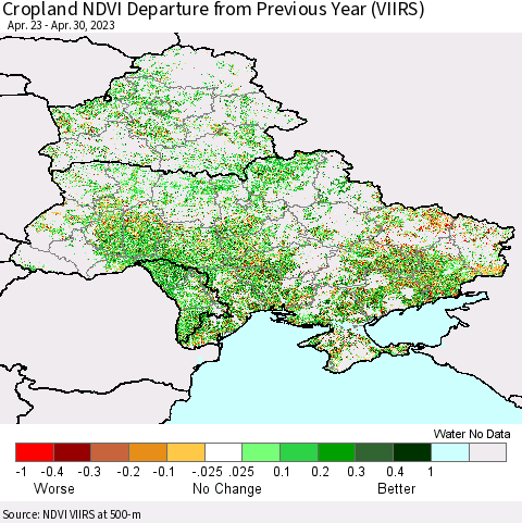 Ukraine, Moldova and Belarus Cropland NDVI Departure from Previous Year (VIIRS) Thematic Map For 4/21/2023 - 4/30/2023