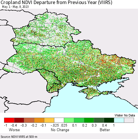 Ukraine, Moldova and Belarus Cropland NDVI Departure from Previous Year (VIIRS) Thematic Map For 5/1/2023 - 5/8/2023