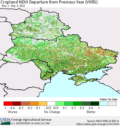Ukraine, Moldova and Belarus Cropland NDVI Departure from Previous Year (VIIRS) Thematic Map For 5/1/2023 - 5/10/2023
