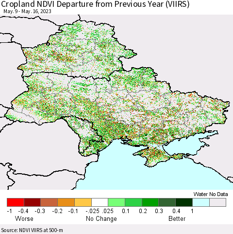 Ukraine, Moldova and Belarus Cropland NDVI Departure from Previous Year (VIIRS) Thematic Map For 5/9/2023 - 5/16/2023