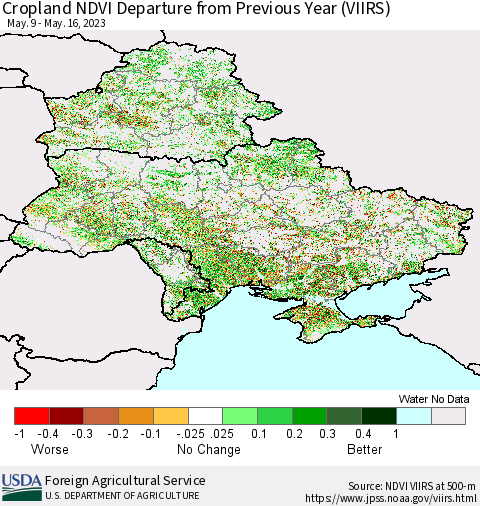 Ukraine, Moldova and Belarus Cropland NDVI Departure from Previous Year (VIIRS) Thematic Map For 5/11/2023 - 5/20/2023