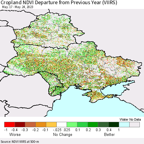 Ukraine, Moldova and Belarus Cropland NDVI Departure from Previous Year (VIIRS) Thematic Map For 5/17/2023 - 5/24/2023