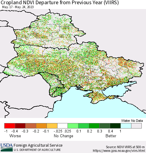 Ukraine, Moldova and Belarus Cropland NDVI Departure from Previous Year (VIIRS) Thematic Map For 5/21/2023 - 5/31/2023