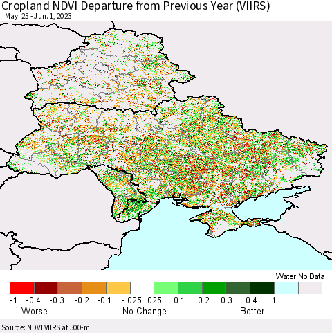 Ukraine, Moldova and Belarus Cropland NDVI Departure from Previous Year (VIIRS) Thematic Map For 5/25/2023 - 6/1/2023