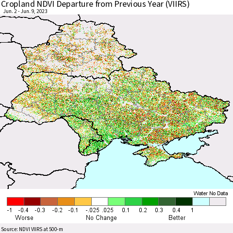 Ukraine, Moldova and Belarus Cropland NDVI Departure from Previous Year (VIIRS) Thematic Map For 6/2/2023 - 6/9/2023