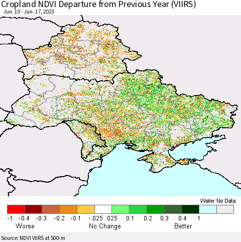 Ukraine, Moldova and Belarus Cropland NDVI Departure from Previous Year (VIIRS) Thematic Map For 6/10/2023 - 6/17/2023