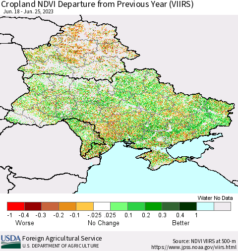 Ukraine, Moldova and Belarus Cropland NDVI Departure from Previous Year (VIIRS) Thematic Map For 6/21/2023 - 6/30/2023