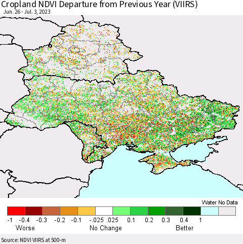 Ukraine, Moldova and Belarus Cropland NDVI Departure from Previous Year (VIIRS) Thematic Map For 6/26/2023 - 7/3/2023
