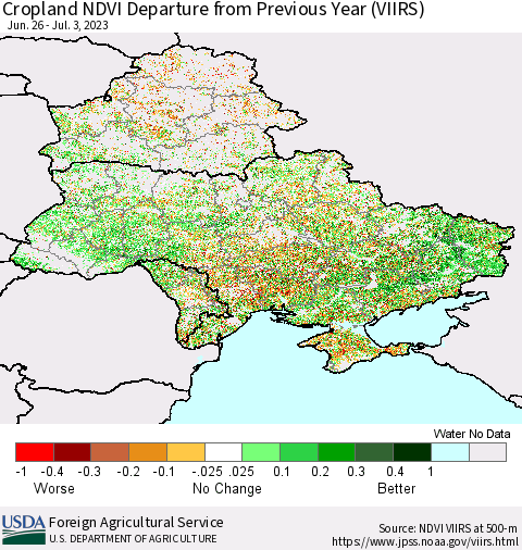 Ukraine, Moldova and Belarus Cropland NDVI Departure from Previous Year (VIIRS) Thematic Map For 7/1/2023 - 7/10/2023