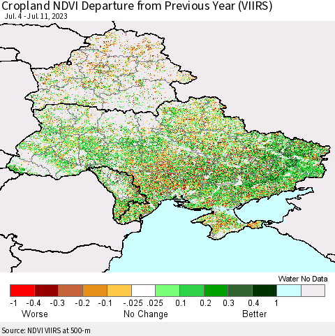Ukraine, Moldova and Belarus Cropland NDVI Departure from Previous Year (VIIRS) Thematic Map For 7/4/2023 - 7/11/2023