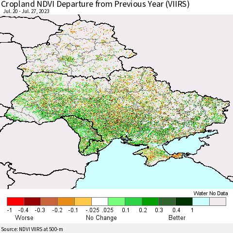 Ukraine, Moldova and Belarus Cropland NDVI Departure from Previous Year (VIIRS) Thematic Map For 7/20/2023 - 7/27/2023